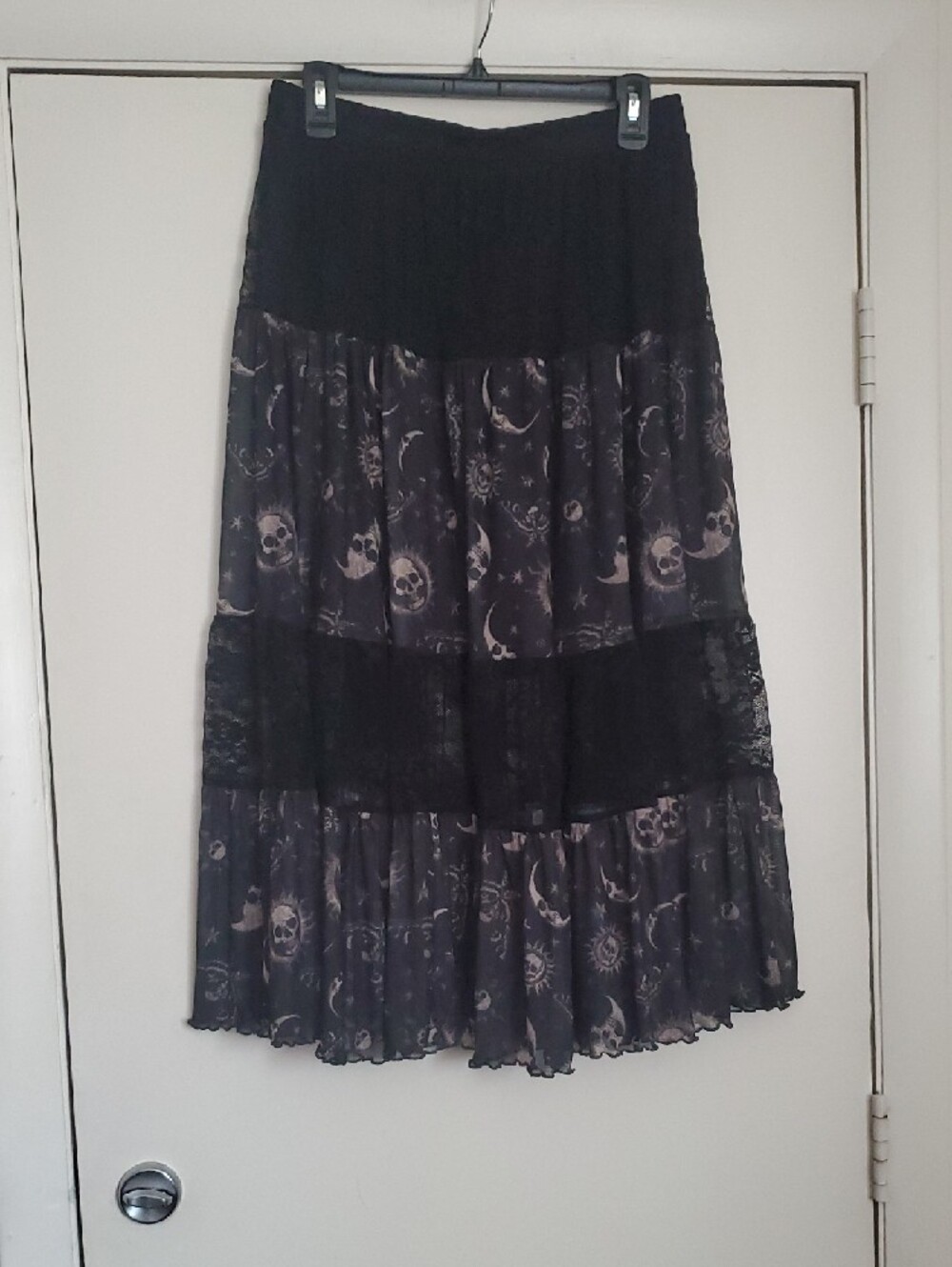 Hot Topic's Black Gold Celestial Skulls Midi Skirt with Moon Print - Picture 7 of 11